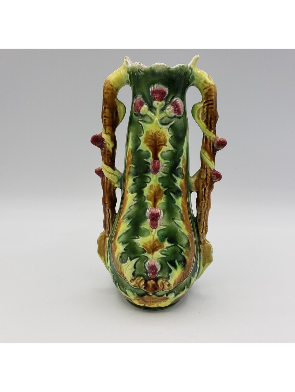 Antique Josef Strnact Majolica Vase Trophy Style Thistle & Vines 7" Austria